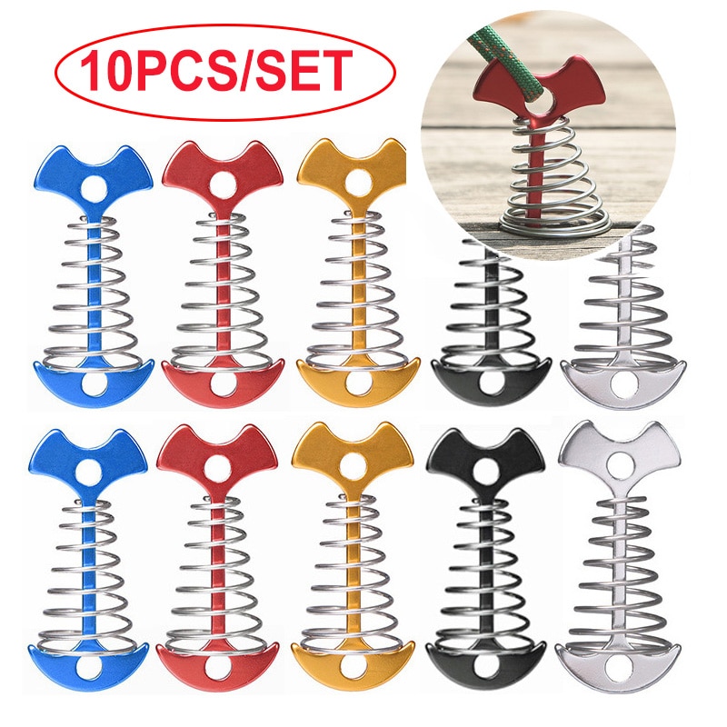 10Pcs Tent Pegs Rope Buckle Adjustable Plank Floor Spring Fishbone Anchor Awning Deck Stakes Fixed Nails Camping Tent Hooks